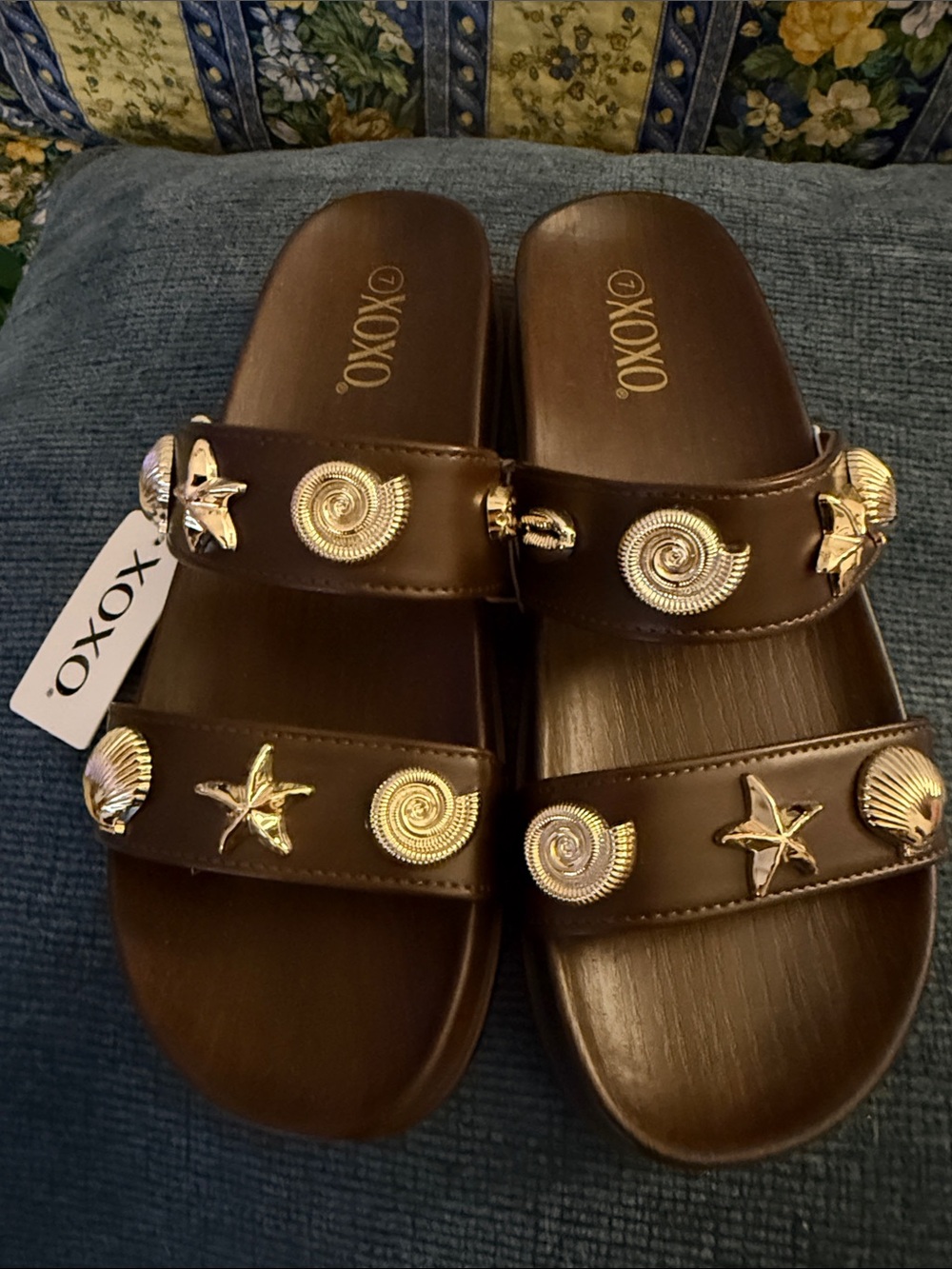 XOXO Brown Slide Sandals with Gold Seashell & Star Accents